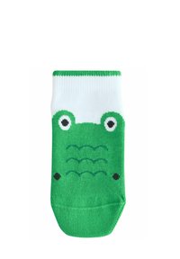 Chaussettes pour enfants vertes et blanches avec un motif de grenouille, des yeux globuleux, des accents noirs et un motif de vagues texturé.