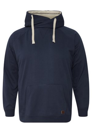 Navy blue hoodie featuring a front pocket, cream drawstrings, a crossover neckline, and ribbed cuffs. Made from soft cotton material.