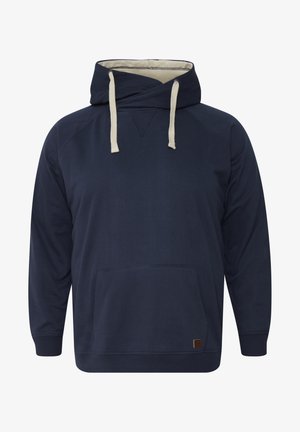 Marineblå hettegenser med frontlomme, kremfargede snorer, krysshals og ribbede mansjetter. Laget av mykt bomullsmateriale.