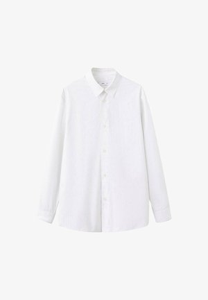 Bela dolga majica z dolgimi rokavi in ovratnikom, ki vsebuje subtilne vertikalne črte, gumbe spredaj in žep na prsih.