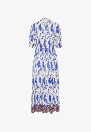 Floral maxi dress with blue patterns on a white fabric, featuring a V-neck, short sleeves, and a gold-accented hem.