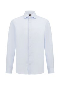 Light blue long-sleeve shirt with a point collar, checkered pattern, and white buttons. Made from smooth fabric with a tailored fit.