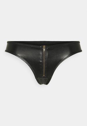 Black faux leather thong with a front zipper detail, smooth texture, and contrasting stitching along edges.