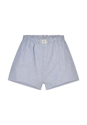 Shorts en coton bleu clair et blanc à rayures verticales, avec taille élastique et petite étiquette en tissu au centre devant.