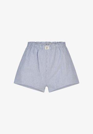 Shorts en coton bleu clair et blanc à rayures verticales, avec taille élastique et petite étiquette en tissu au centre devant.