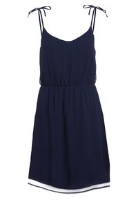 Vestido sin mangas de color azul marino con tirantes ajustables, cinturilla elástica y un acento blanco en el dobladillo. Tela suave y ligera.