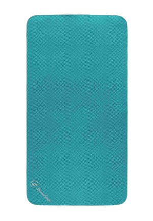 Türkisfarbige Yogamatte mit strukturierter Oberfläche, rechteckiger Form, abgerundeten Ecken und einem dezenten Logo in der unteren Ecke.