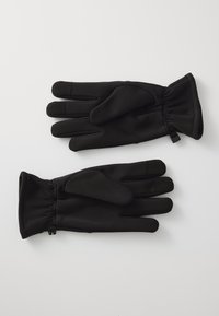 Gants noirs en matériau doux et flexible. Dotés d'un poignet ajusté avec fronces et de doigts lisses et sans coutures. Design minimaliste.