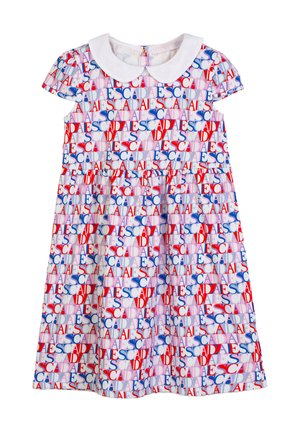 Vestito per bambini a maniche corte con collo Peter Pan bianco, stampa ripetuta multicolore "ESCADA" in lettere rosse, blu, rosa e grigie.