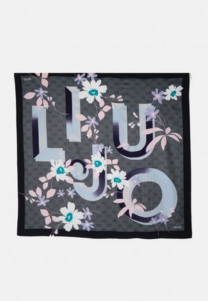 Foulard carré Liu Jo gris foncé à bordure noire, avec de grandes lettres claires et des fleurs roses, blanches et lilas.