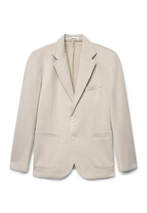 Blazer beige à simple boutonnage avec deux boutons, poches plaquées avant, une poche poitrine passepoilée, et revers crantés, présenté sur un fond blanc.