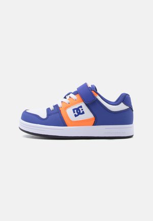 Low-top sneaker with blue, white, and orange panels, white laces, a blue Velcro strap, and DC logo on the side.