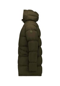 Olijfgroene pufferjack met capuchon, voorzien van een gestikt ontwerp, elastische manchetten en een ronde logopatch op de linkerarm.