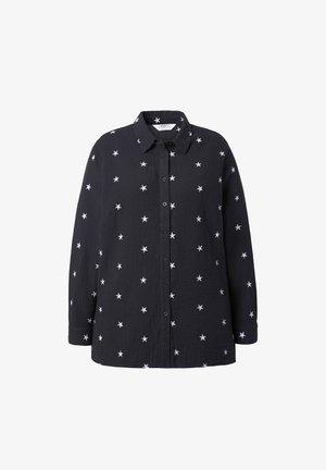 Sort knap-opsat skjorte lavet af et struktureret stof, med hvid stjernebroderi over det hele og en klassisk krave. Lange ærmer, afslappet pasform.