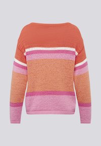 Gestreifter Pullover in Orange, Pink und Weiß. Bietet eine lockere Passform, einen weiten Ausschnitt und eine weiche Textur. Lange Ärmel mit gerippten Bündchen.