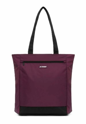Borsa a mano viola con manici e fondo neri, tasca frontale con zip e toppa con logo K-Way centrata sopra la tasca.