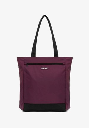 Borsa a mano viola con manici e fondo neri, tasca frontale con zip e toppa con logo K-Way centrata sopra la tasca.