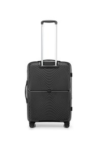 Valise noire avec un motif texturé en vagues, équipée d'une poignée rétractable en argent et de quatre roues pour la mobilité.