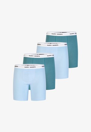 Set van vier boxershorts in tinten lichtblauw en teal. Voorzien van een witte elastische tailleband met het logo "HAPPY SHORTS". Gladde, rekbare stof.