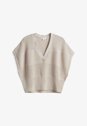 Beige gestrickter Oversized-Pullover mit V-Ausschnitt, kurzen Ärmeln und einem strukturierten Muster mit abwechselnd glatten und erhöhten Abschnitten.