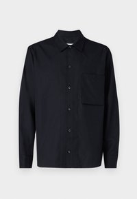 Black long-sleeve shirt made of smooth fabric, featuring a point collar, button front, and a single chest pocket. Classic design.