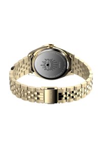 Ceas din oțel inoxidabil auriu, cu brățară tip lanț și carcasă rotundă. Dispune de un capac gravat cu un design în formă de ochi și închidere tip clapetă.