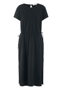 Schwarzes knielanges Kleid aus weichem Stoff, mit rundem Ausschnitt, kurzen Ärmeln und einem verstellbaren Kordelzugbund sowie seitlichen Schlitzen.