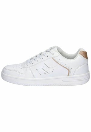 White sneaker with smooth synthetic material, contrasting beige heel accent, perforated detailing on the side, and flat rubber outsole.