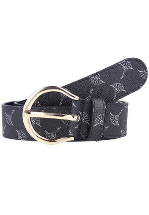 Cintura in pelle di colore blu scuro con superficie testurizzata. Presenta una fibbia in metallo dorato e un motivo di fiori stilizzati di colore grigio chiaro.