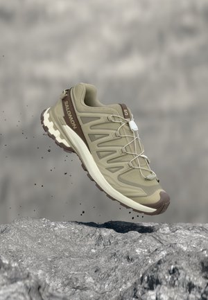 Μπεζ και καφέ παπούτσι τρεξίματος Salomon για μονοπάτια, κρεμασμένο πάνω από βραχώδες έδαφος με μικρά κομμάτια να πέφτουν γύρω του.