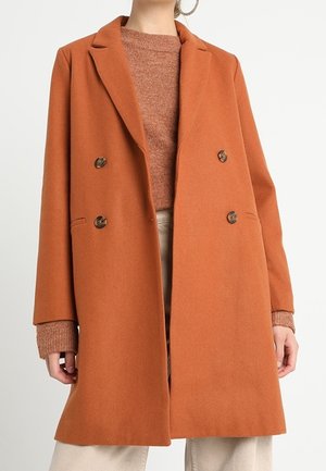 Manteau croisé en orange rouillé en mélange de laine, avec deux boutons à l'avant, revers crantés et poches latérales, porté sur un pull marron.