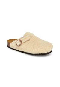 Cream-colored slip-on shoe with fuzzy texture, featuring a buckle strap, a natural cork insole, and a contrasting dark sole.