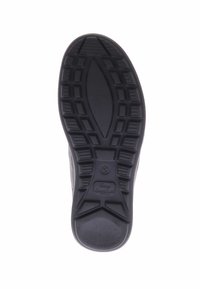 Zwarte rubberen schoenzool met een gestructureerd oppervlak, meerdere loopprofielen en een prominent logo met de tekst "Finn Comfort."
