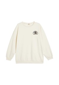 Sudadera color crema hecha de tela suave, con un cuello redondo y hombros caídos. Incluye un gráfico bordado en el pecho.