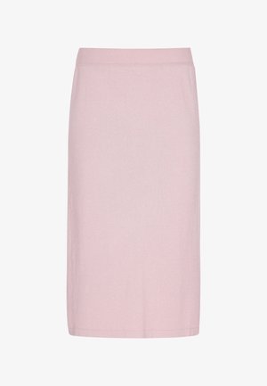 Fustă creion roz, până la genunchi, confecționată dintr-un material tricotat neted, având o talie elastică și un design simplu, minimalist.