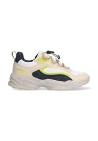 Sneaker caratterizzato da un mix di materiali bianchi, blu navy e verde lime. Design chunky con una suola testurizzata e lacci elastici per una calzata sicura.