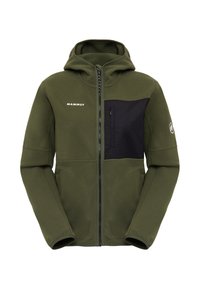 Olive green fleece jacket featuring a black chest pocket, full zip front, and hood. Smooth texture with reinforced accents.