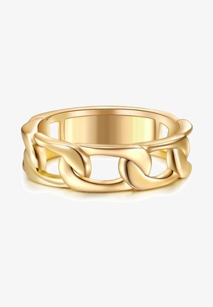 Anello in catena color oro con anelli intrecciati, superficie liscia e finitura lucida, caratterizzato da sezioni intagliate per dettagli di design.