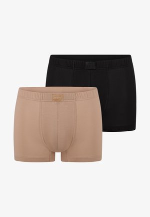 Zwei Herren-Boxershorts in einfarbigem Schwarz und Beige, mit elastischen Bund und dezent texturiertem Stoff.