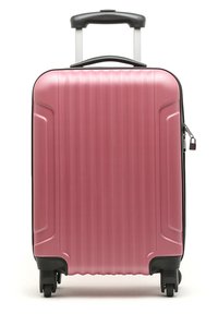 Pink hard-shell suitcase with vertical ridges, telescoping handle, and four black wheels. Features a side zipper and textured surface.
