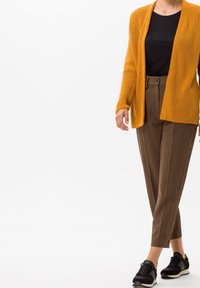 Personne portant un cardigan jaune moutarde, une chemise noire, un pantalon rayé marron et des baskets noires, se tenant devant un fond blanc.