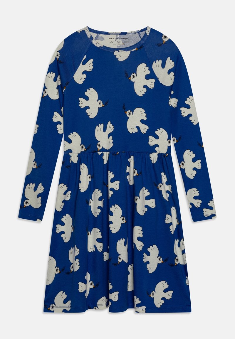 Robe longue à manches longues pour enfant, bleue, avec un imprimé de colombe blanche tenant des branches d'olivier, taille froncée et encolure ronde.