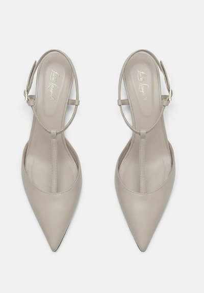 Paire de ballerines slingback beige à bout pointu avec fines lanières autour de la cheville et boucles dorées, vues de dessus sur fond blanc.
