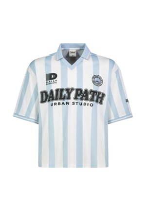 Short-sleeve, light blue and white vertical striped shirt with collar, featuring "Daily Path Urban Studio" text and logos on front and sleeve.