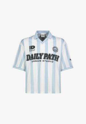 Short-sleeve, light blue and white vertical striped shirt with collar, featuring "Daily Path Urban Studio" text and logos on front and sleeve.