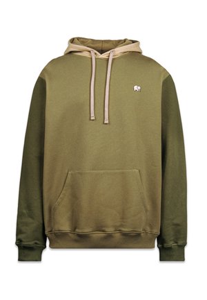 Hoodie mit einem Farbverlauf-Design in Olivgrün und Khaki, ausgestattet mit einer Kängurutasche und einem kleinen gestickten Elefantenlogo.