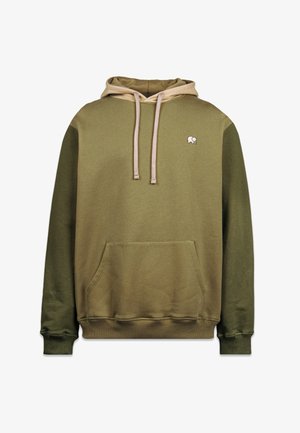Hoodie mit einem Farbverlauf-Design in Olivgrün und Khaki, ausgestattet mit einer Kängurutasche und einem kleinen gestickten Elefantenlogo.