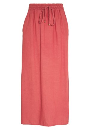 Jupe longue corail en tissu léger, dotée d'une taille élastique avec un cordon de serrage et des accents dorés. Texture lisse et forme fluide.