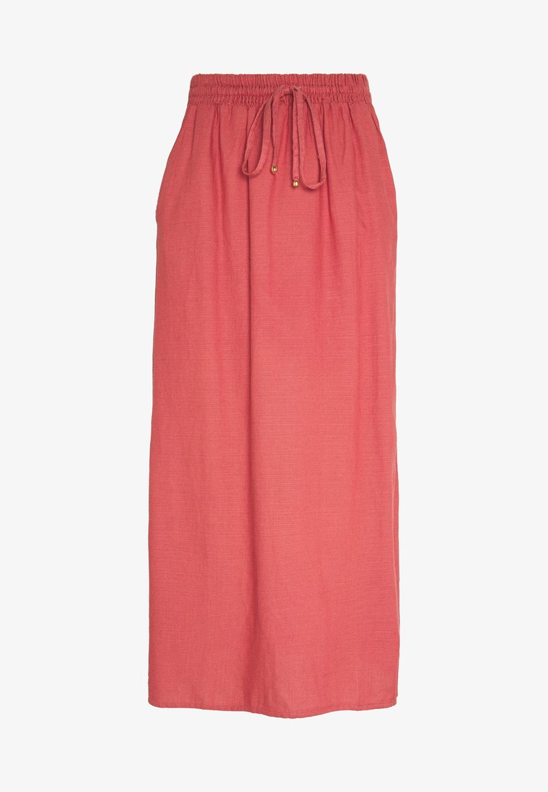 Jupe longue corail en tissu léger, dotée d'une taille élastique avec un cordon de serrage et des accents dorés. Texture lisse et forme fluide.
