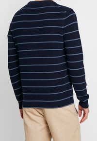 Homme portant un pull bleu marine à manches longues avec des rayures horizontales bleu clair et un pantalon beige, vu de dos.